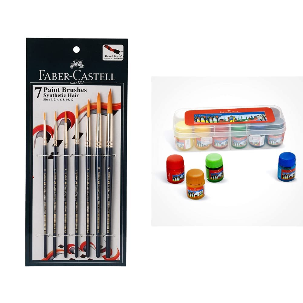 Faber-Castell Paint Brush Set - Round, Pack of 7 (Navy Blue) & Faber-Castell Poster Color Tin Box - Pack of 12 (Assorted)