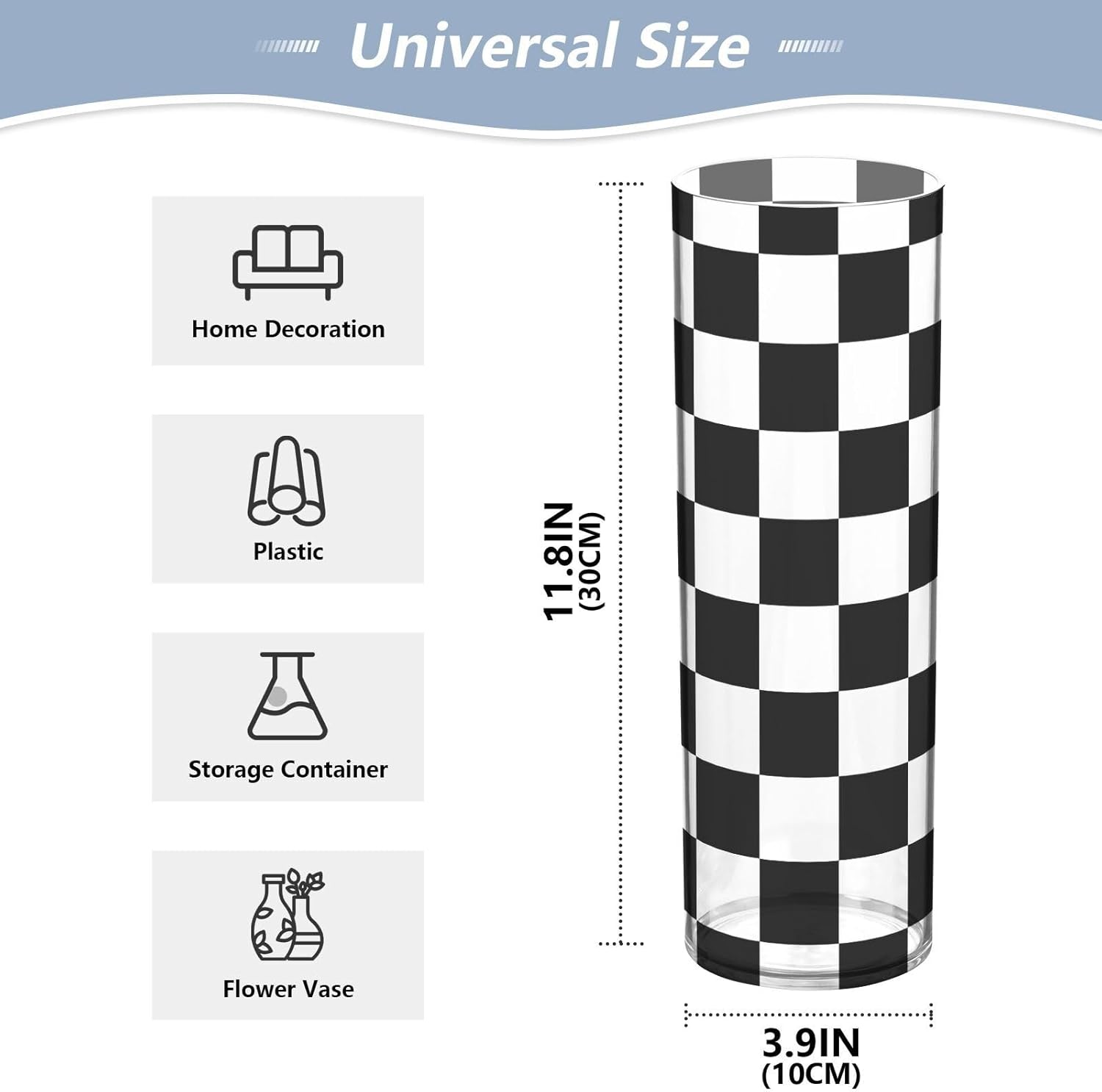 Flower Vase Plastic Cylinder Vase 3.9" W x 11.8" H Clear Aesthetic Vase for Wedding Centerpiece Table Party Home Decoration Checkered Black and White