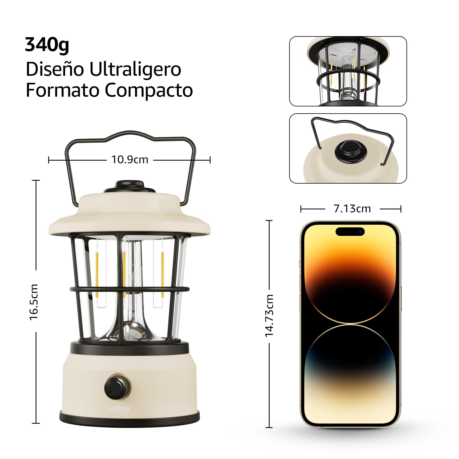 Lepro Linterna LED Retro Recargable, IPX4, 4 Niveles de Luz, para Cámping y Emergencia