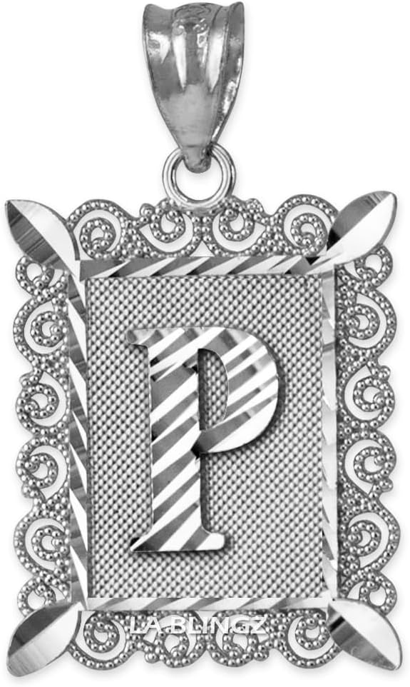 LA BLINGZ Sterling Silver Filigree Alphabet Letter 'P' Initial Personalized Charm Pendant (S/M/L)