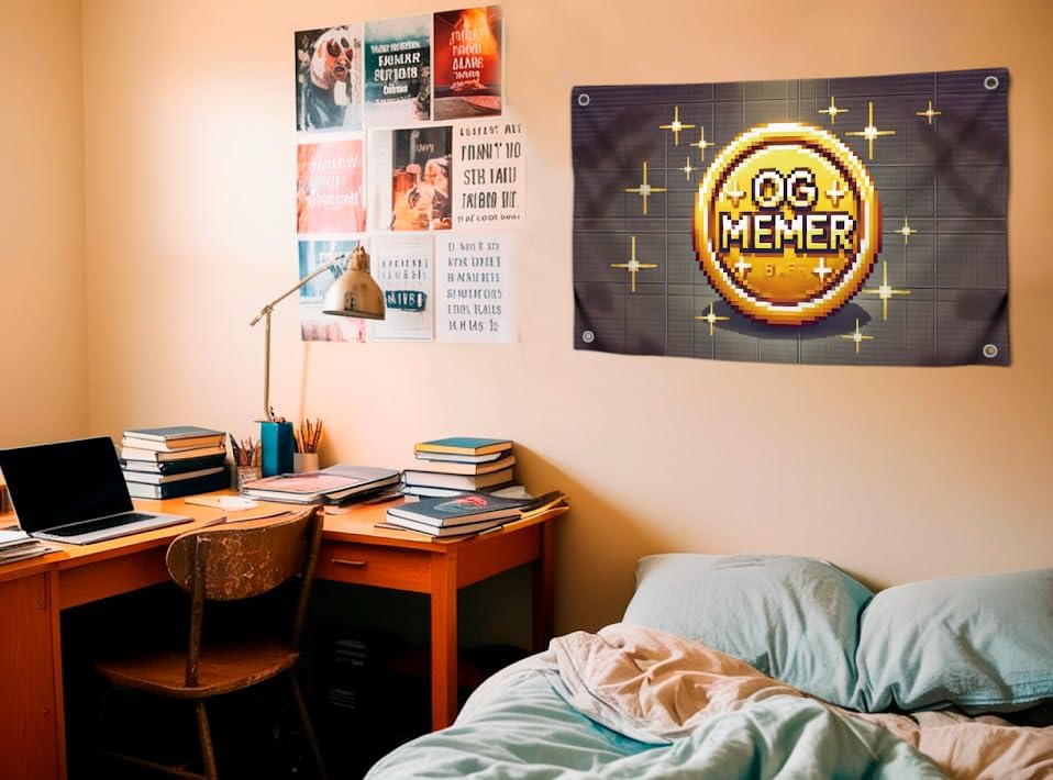 Miniatura 3 de Interesante bandera de poliéster de 3 x 5 pies con 4 ojales de latón  Bandera en estilo retro Pixel Gold Coin "Og Memer"  Banner de una sola cara