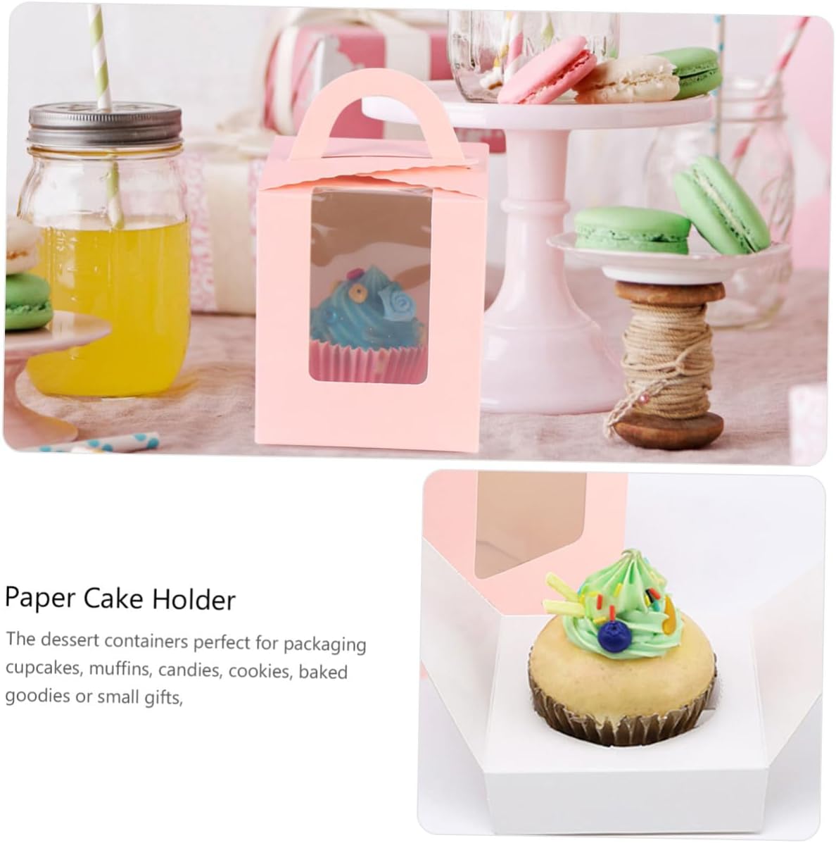BESTonZON Single Portable Paper Cupcake Boxes with Handle and Window, Pink Baking Muffin Containers for Party Cake Storage, 50pcs Pack