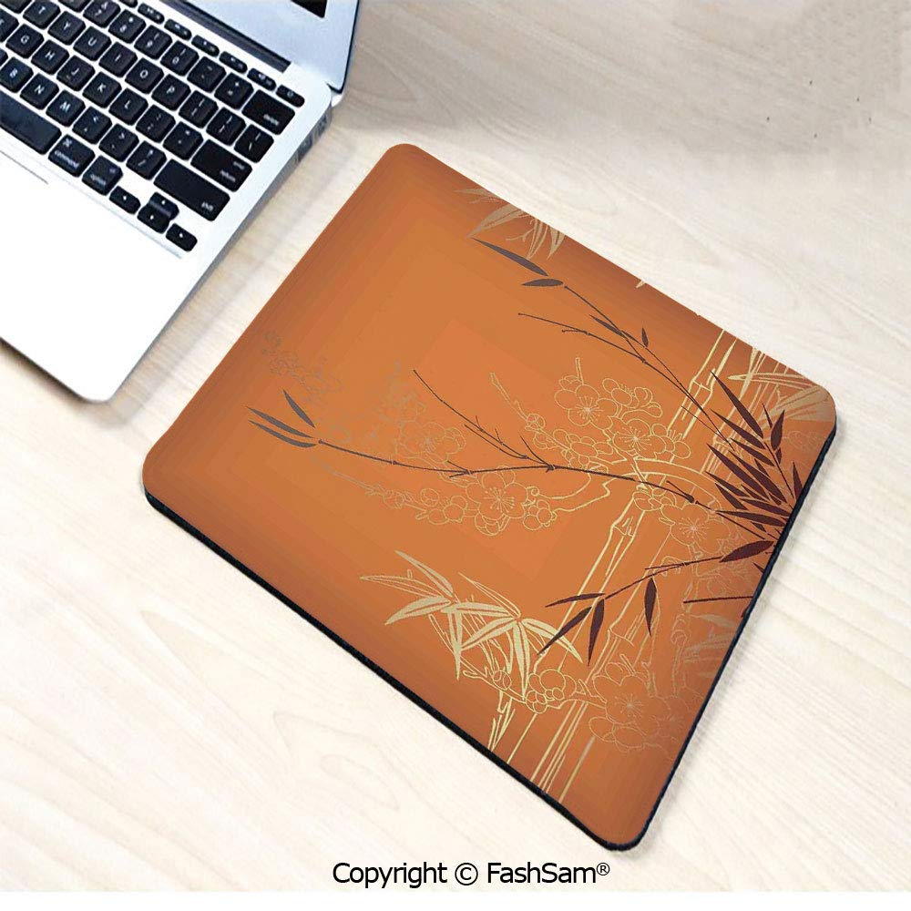 Personalized 3D Mouse Pad Bamboo Branches and Flowers Illustration in Vivid Color Eastern Nature Theme for Laptop Desktop(W7.8xL9.45)