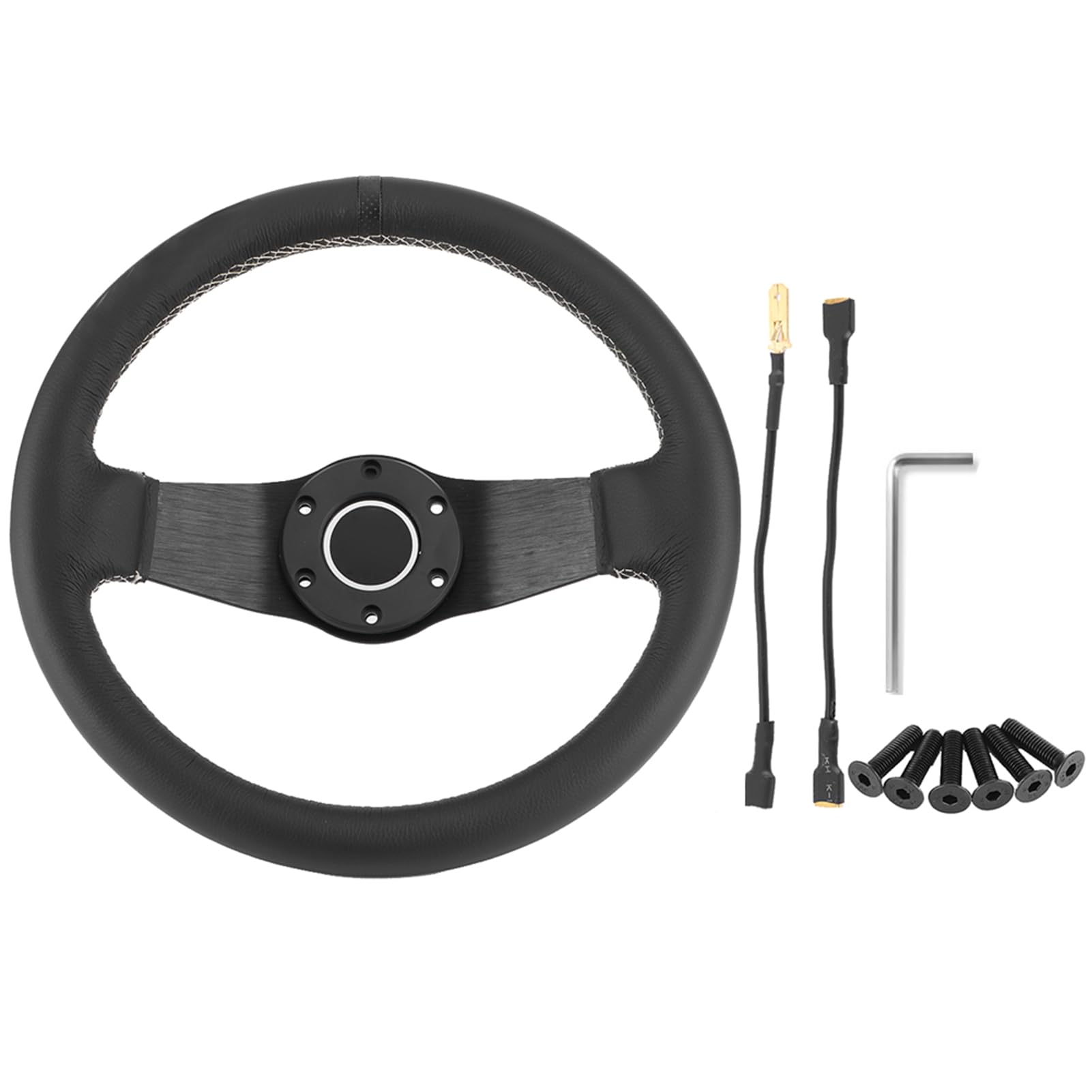 13-calowa kierownica, skórzana kierownica wyścigowa Half Dish o średnicy 320 mm w kolorze czarnym, konstrukcja na 6 śrub, uniwersalne dopasowanie z adapterem piasty, rama