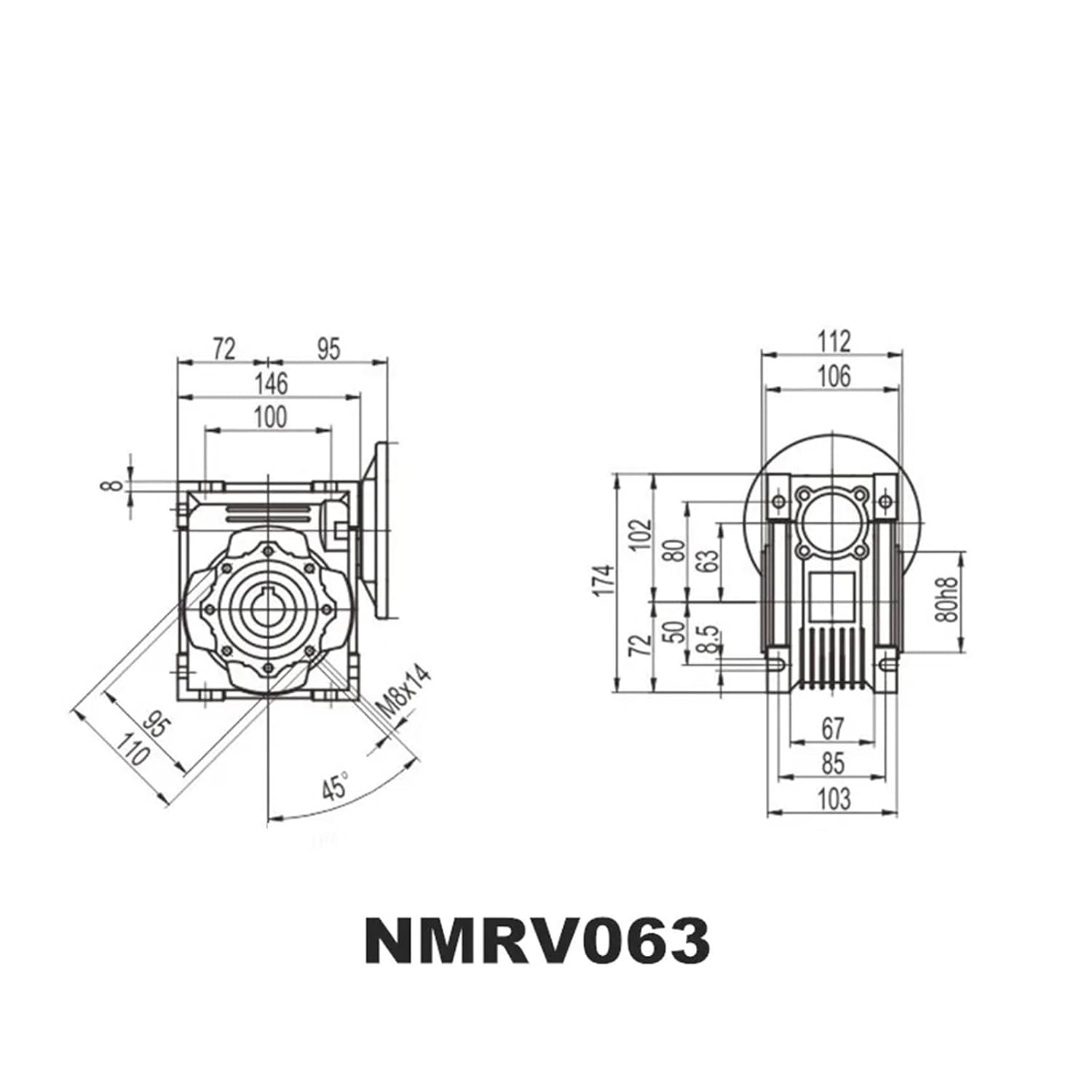 NMRV063 Worm Reducer 14mm/19mm/22mm/24mm Input Shaft Worm Gear Speed Reducer NEMA52 for Servo Motor Stepper Motor