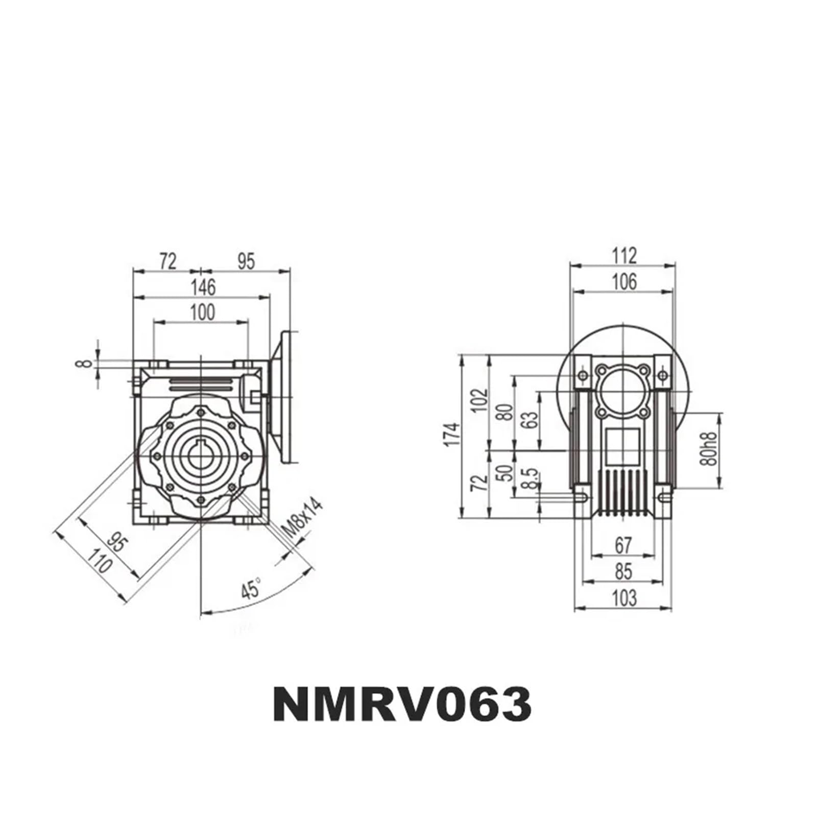 Reduktor ślimakowy Reduktor ślimakowy NMRV063, wał wejściowy 14 mm/19 mm/22 mm/24 mm, przekładnia NEMA52 do serwomotoru krokowego (25 proporcji 1, Flange 80x80)