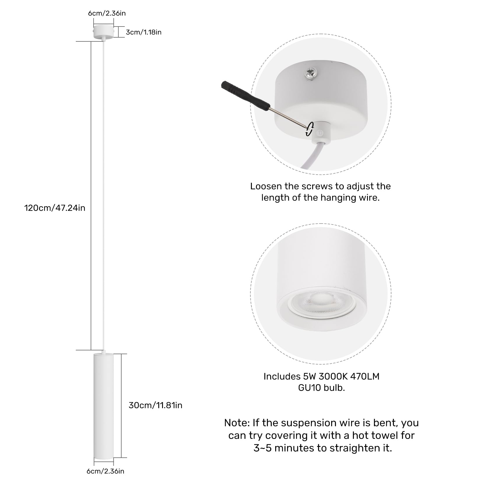 Klighten Lampada a Sospensione Cilindro Moderne GU10, Lampadario a Sospensione Alluminio per Soggiorno Camera da Letto Cucina Comodino, Con Lampadina GU10 5W 470LM Bianco Caldo 3000K, 30cm, Bianco