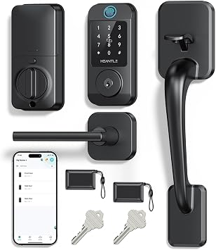Smart Front Door Lock Set - HEANTLE Wi-Fi Smart Locks for Front Door Built-in WiFi Keyless Entry Deadbolt with Handle Set Fingerprint Deadbolt, Compatible with Alexa & Google Assistant Black