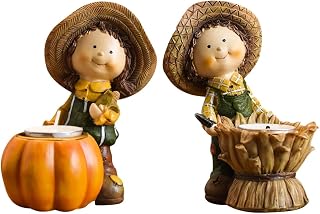 Set of 2 Fall Harvest Candle Holders-Resin Pumpkin & Scarecrow Tea Light Holders for Rustic Autumn & Thanksgiving Home Décor, Table Centerpiece Accent Gifts
