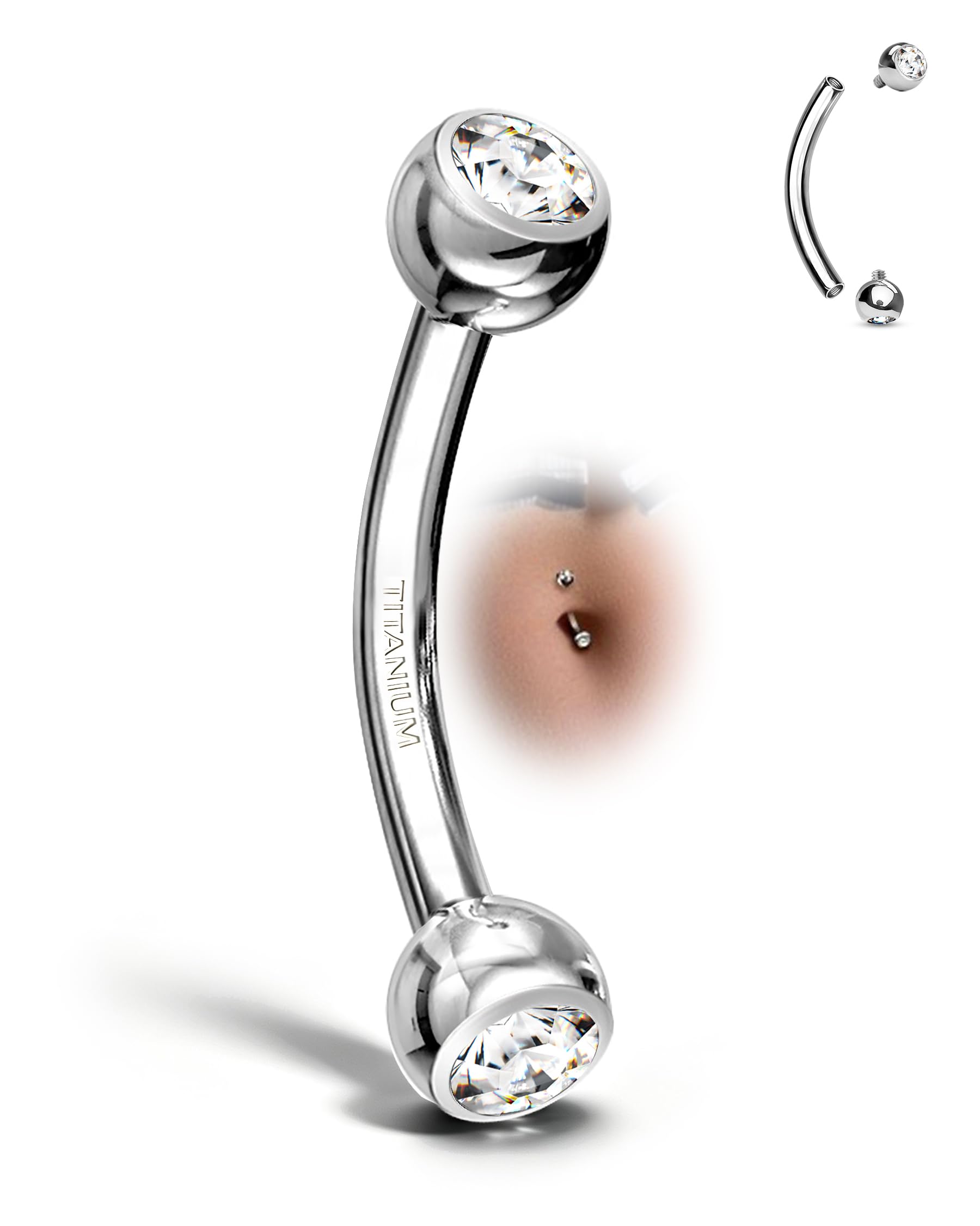 G23 Solid Titanium Belly Button Rings 14G CZ Small Short Belly Button Rings Long Belly Button Rings 6mm/8mm/10mm/12mm/14mm/16mm Curved Barbell-image-7