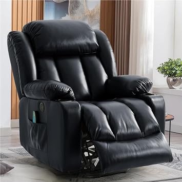 Power Lift Recliner Chair for Elderly Heavy Duty Electric Massage with Heat Remote Control USB Charging Ports Cup Holders Side Pockets Oversized Leather for Adults Ink Black