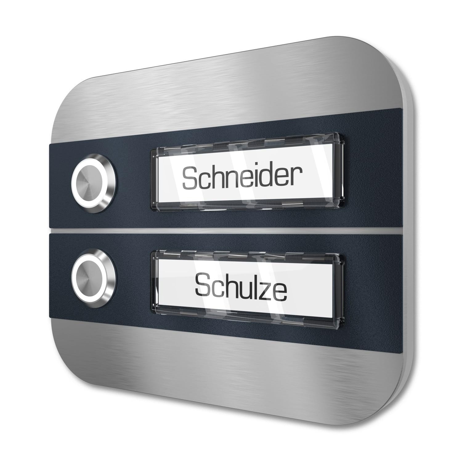 Mehrfamilien Aufputz Türklingel mit LED Taster 2 Namensschilder - V2A Edelstahl Klingel 140x115 mm - Name Beleuchtung wählbar für Haustür Zweifamilienhaus