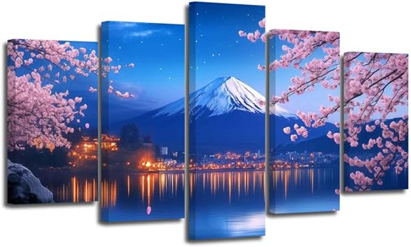 ZSHARTSWD 5 Piece Cherry Wall Art Mount Fuji Pictures Cherry Blossom Lake Canvas Prints Japanese Landscape Paintings for Living Room Bedroom Home Decor Framed 8x14inx2 8x18inx2 8x22inx1