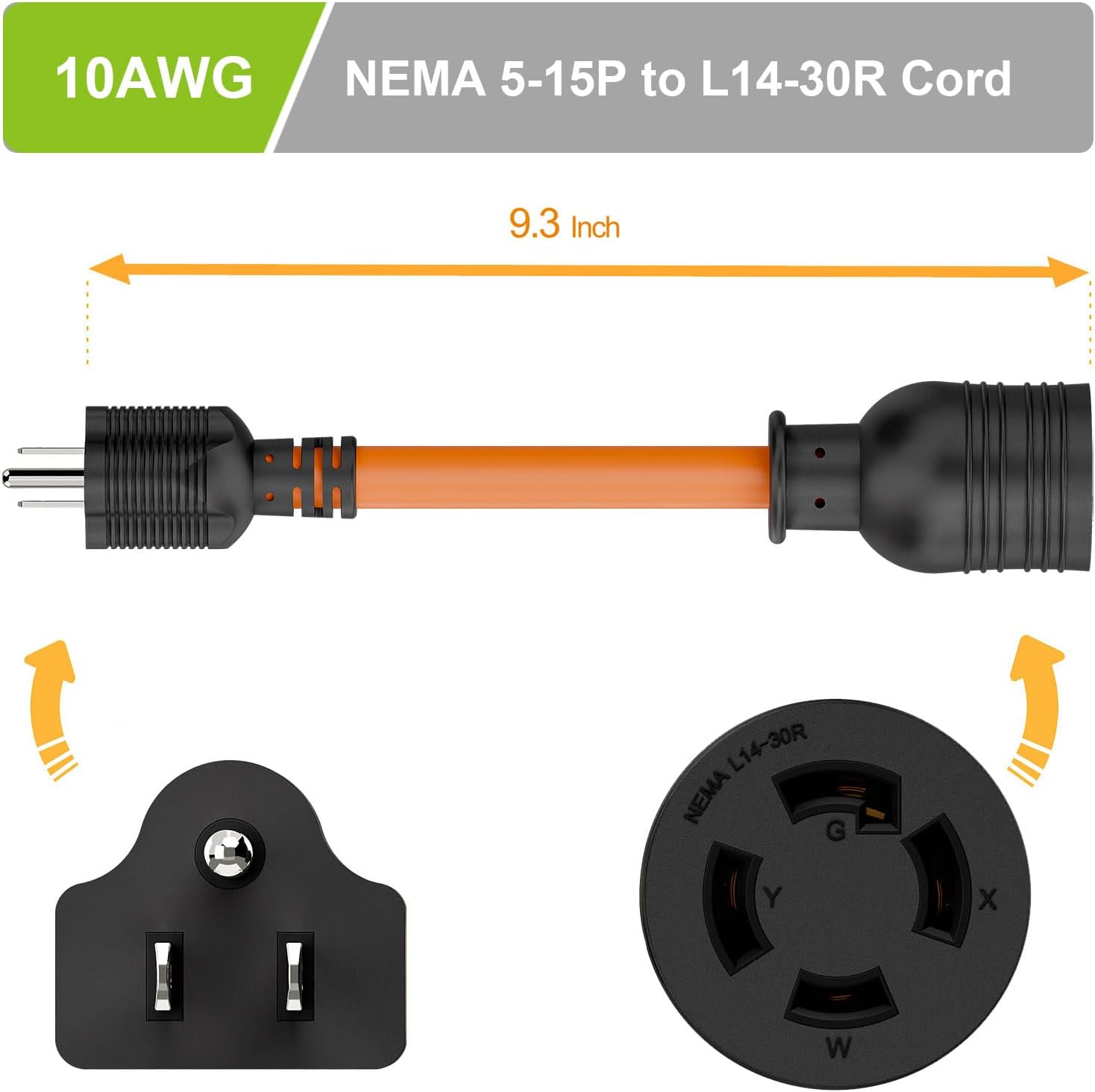 Nema 5-15P to L14-30R Adapter Cord, Plugrand Heavy Duty (SJTW 10#AWG) Cord, Generator 15Amp to Household L14-30 30Amp Inlet Power Adapter Cord, Length=24cm