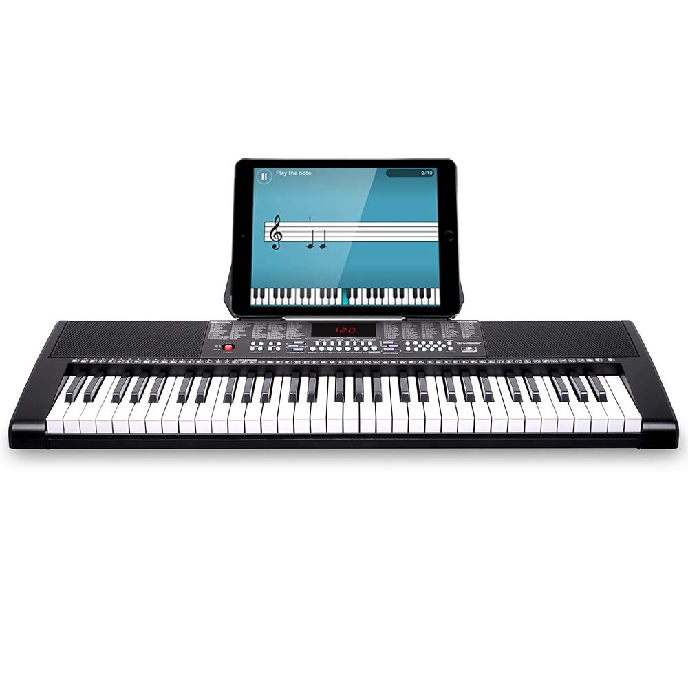Bakaji Teclado musical plano electrónico, 61 teclas multifunción con 255 ritmos, 50 canciones preestablecidas, entrada AUX y soporte para partituras