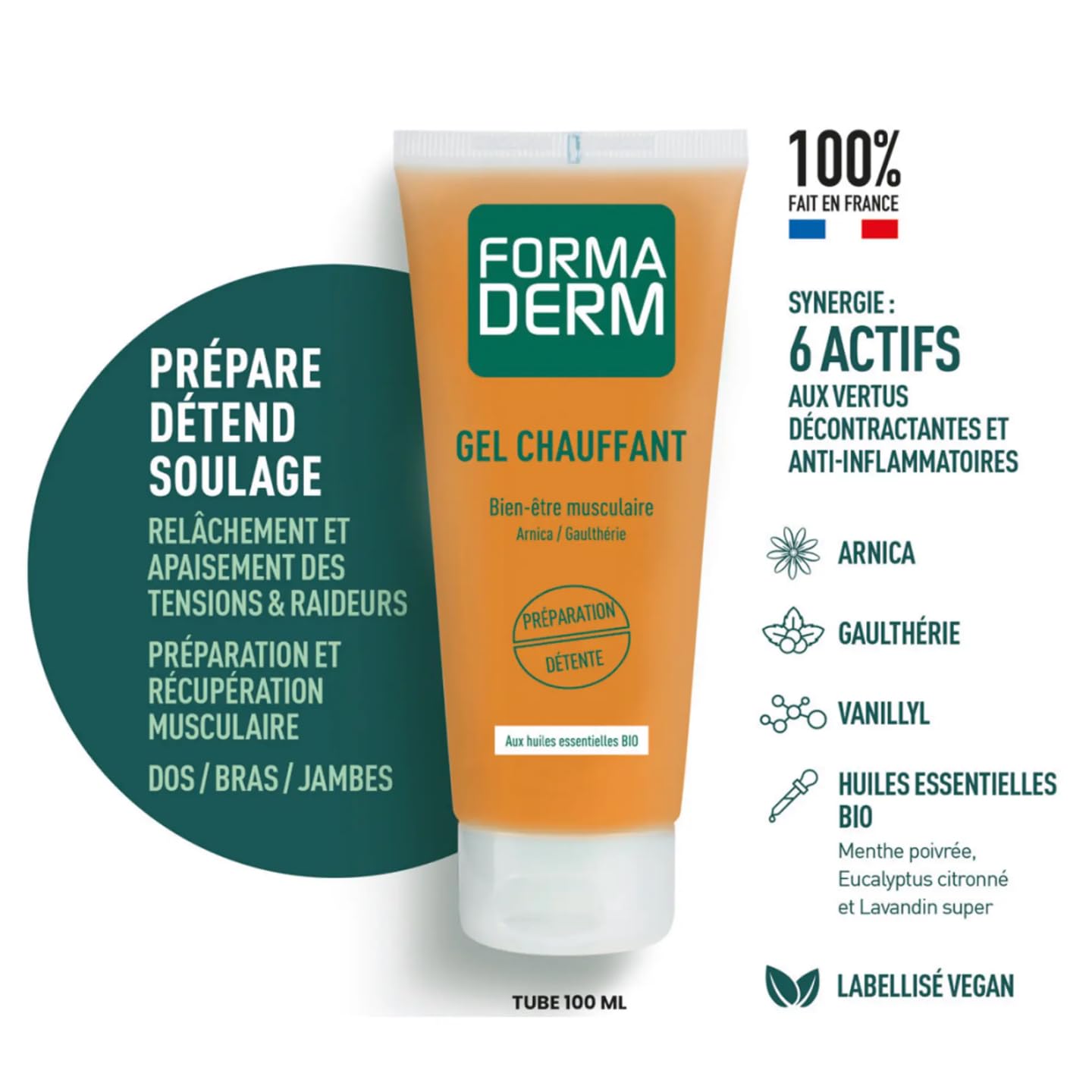 Formaderm - Gel chauffant - Arnica et Gaulthérie - Soulage les tensions musculaires - Préparation sportive - 98% ingrédients d'origine naturelle - Fabrication Francaise - Tube (100ml)