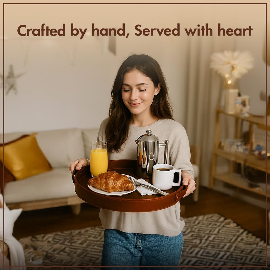 Stitched Round Leather Tray with Leather Handle Ideal for Serving Coffee Drinks Ottoman Tray for Office Home Kitchen Snack Counter Centerpiece Storage (Light Brown (16 x 16 Inch) - Image 2