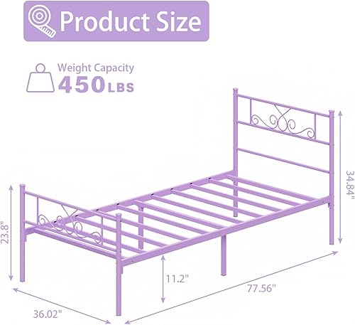 Miniatura 2 de Weehom - Base de cama tamaño individual con cabecero, estribo, soporte de listones de acero, cama metálica tamaño individual, no necesita somier