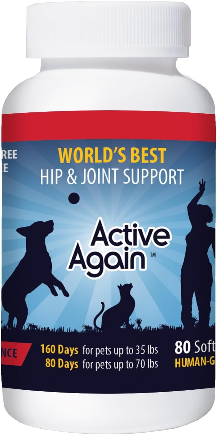 Active Again Hip and Joint Support Supplement for Dogs - Advanced Joint Supplement, Natural Formula, Arthritis Relief & Long-Term Joint Health & Mobility Supplement, 80 Capsules