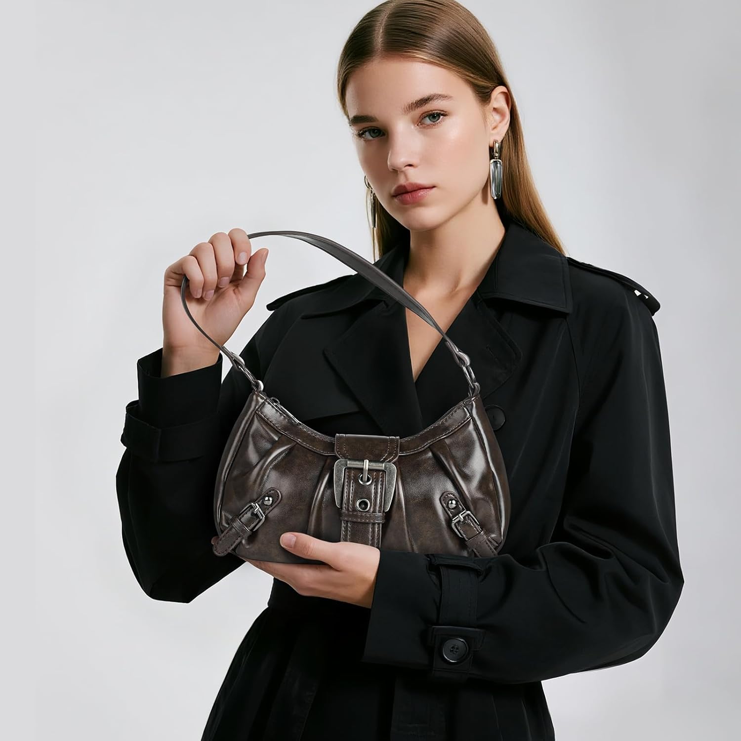 WantGor Women's Shoulder Bag, Clutch Tote Bags Top Handle Purse Zipper Handbag Buckle Punk Purses Trendy Underarm Bag - Image 2