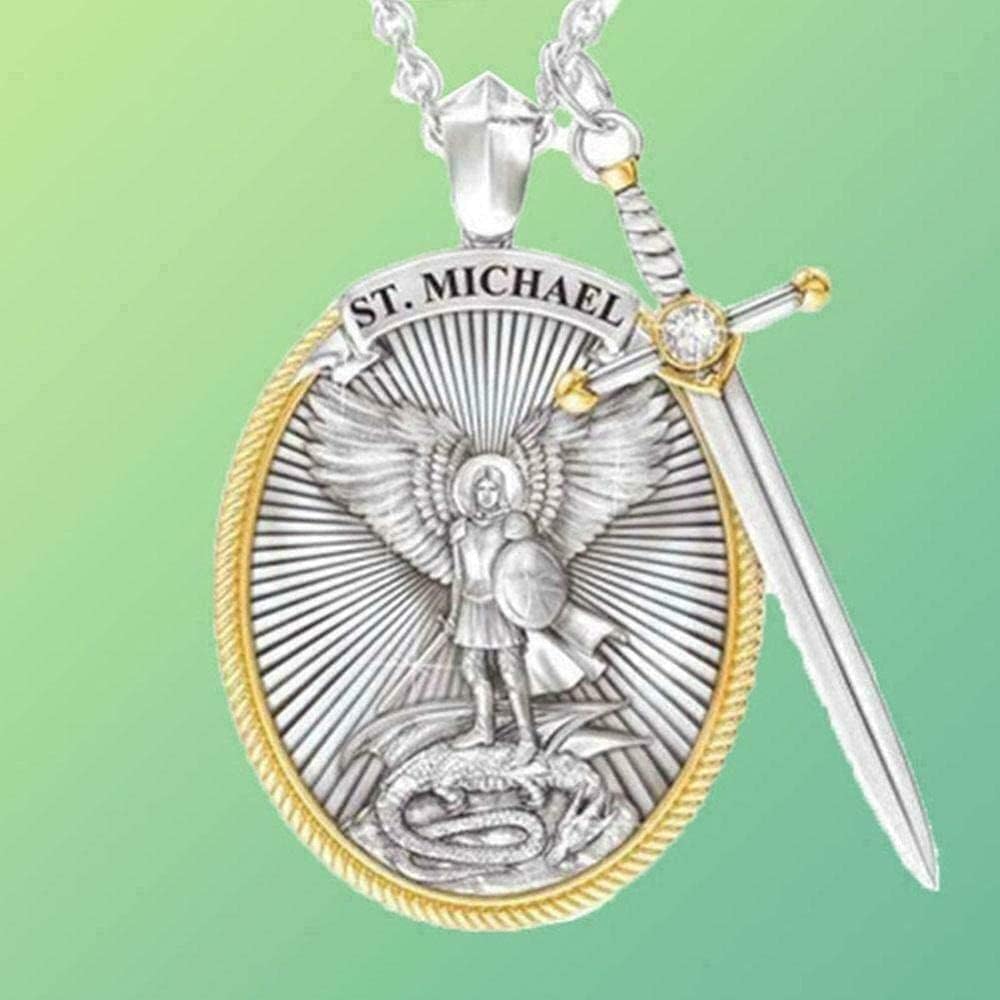 The Archangel Saint Michael/Oval Medal Necklace Protection Prayer Pendant Necklace Seal Solid with A Sword Pendant Necklace -1PCS