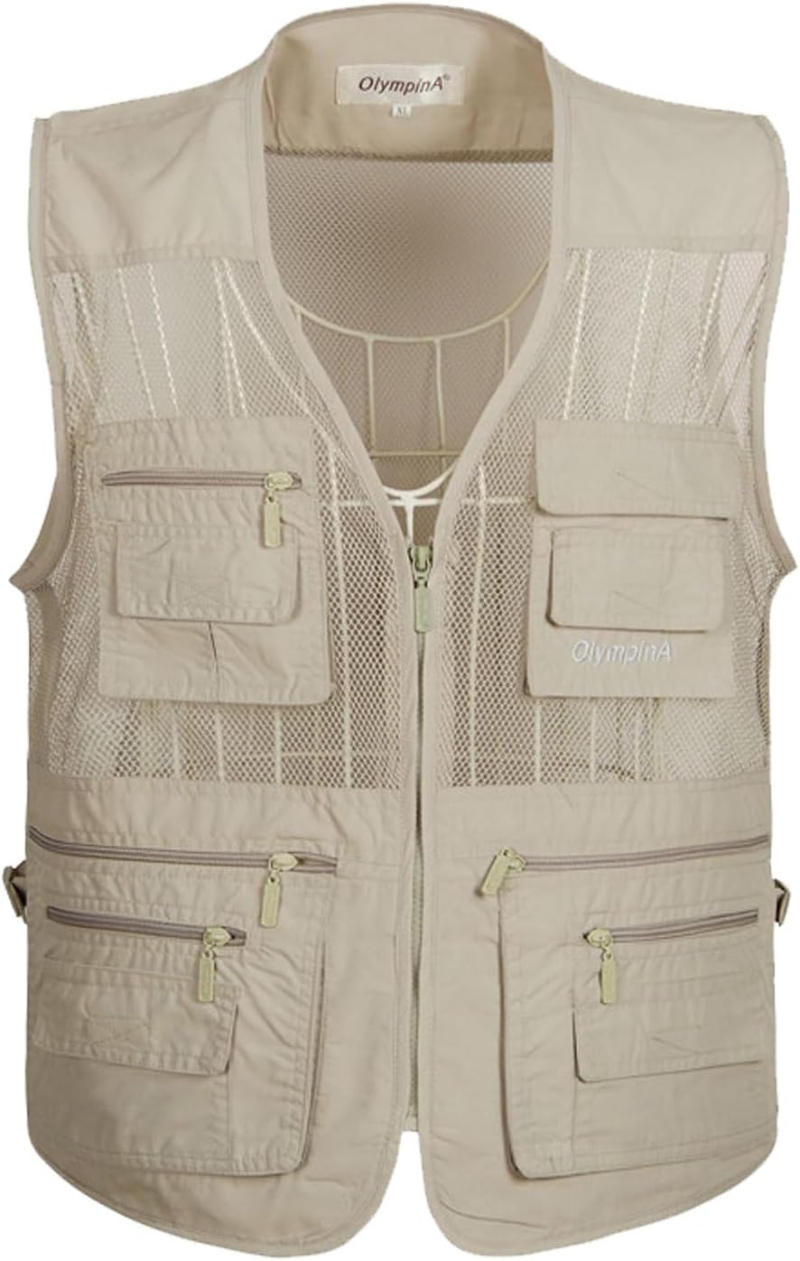 Flygo Men's Summer Mesh Fishing Vest Photography Work Multi-pockets Outdoors Journalist's Vest Sleeveless Jacket (Medium, Off White)