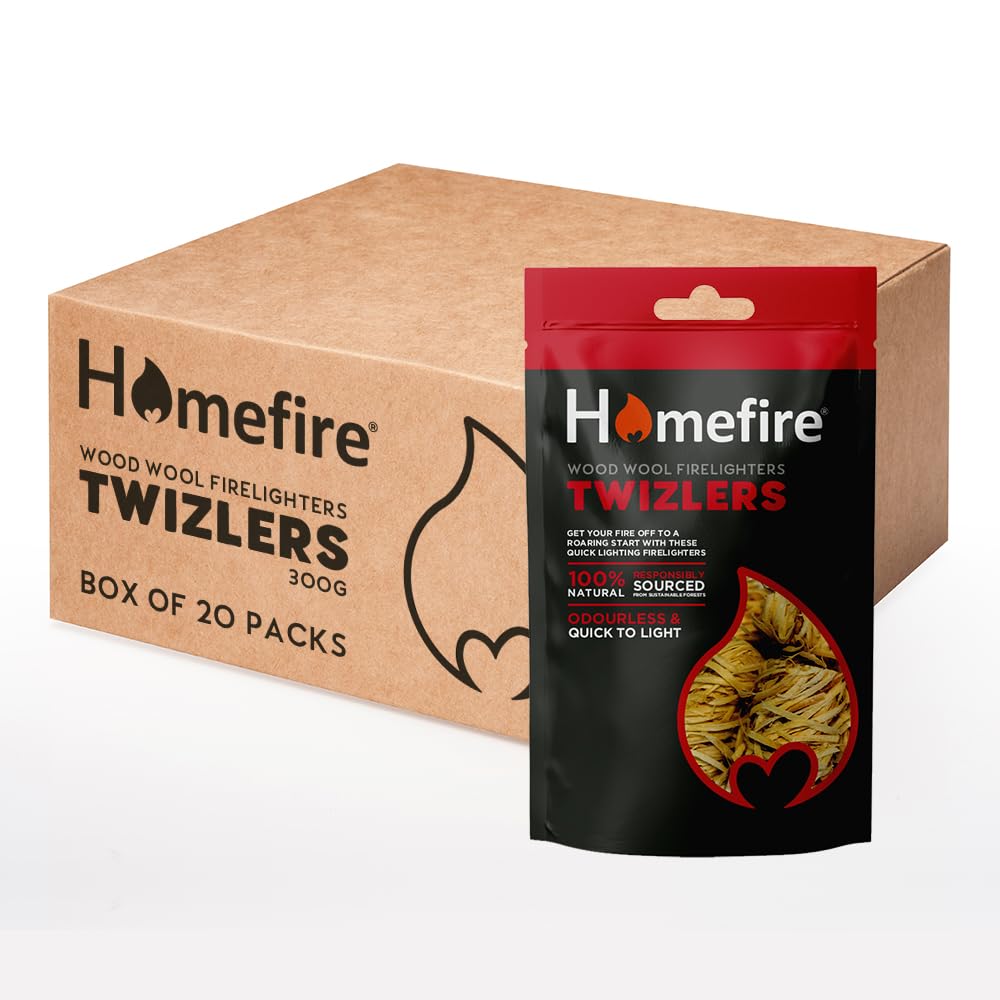 Homefire Natural Odourless Wood Wool Firelighters for Wood Burners, Open Fires, Multi-fuel Stoves and Pizza Ovens (Pack of 20, Approximately 400 Twizlers)