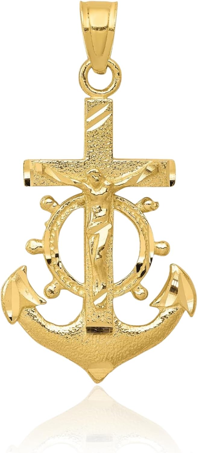 IceCarats 10K Solid Yellow Gold Large Mariner Anchor Ships Wheel Jesus Crucifix Cross Pendant Necklace 30mm 1.2 inch Polished For Him