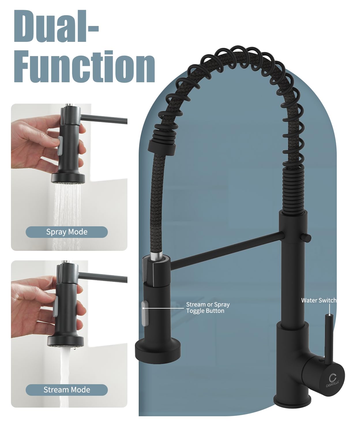Shcasa Matte Black Kitchen Faucet – Stainless Steel Pull-Down Sprayer With 2 Modes, Fits 1 Or 3-Hole Sinks