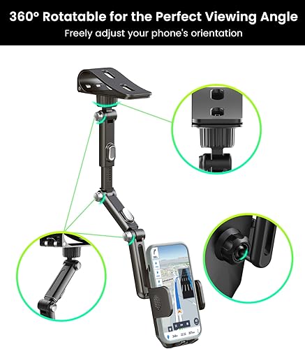 Miniatura 5 de Karmus Soporte de teléfono para visera solar para automóvil, soporte de teléfono con clip de aleación de aluminio con bloqueo automático, rotación