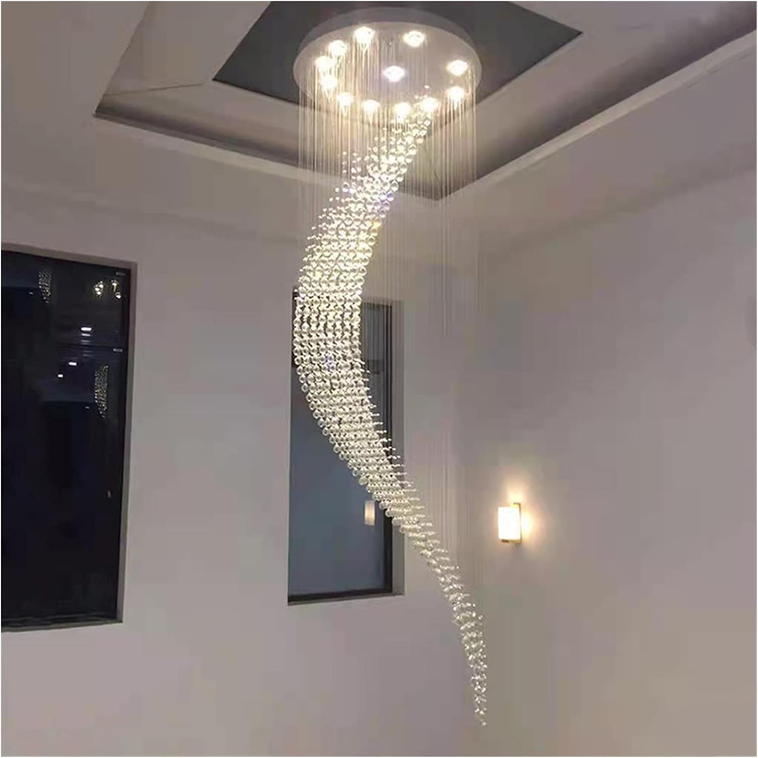 Lámpara de araña moderna LED, lámpara de cristal de escalera moderna, diseño en espiral de lujo, lámpara de pasillo, sala de estar, comedor, lámpara de cristal de alambre de suspensión, loft, lámpara
