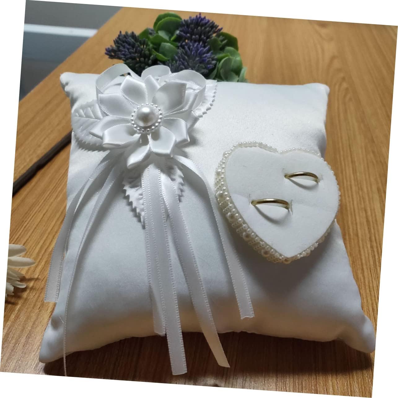 Romantic Wedding Ring Pillow White Ring Holder Pillow Flower Decor for Engagement