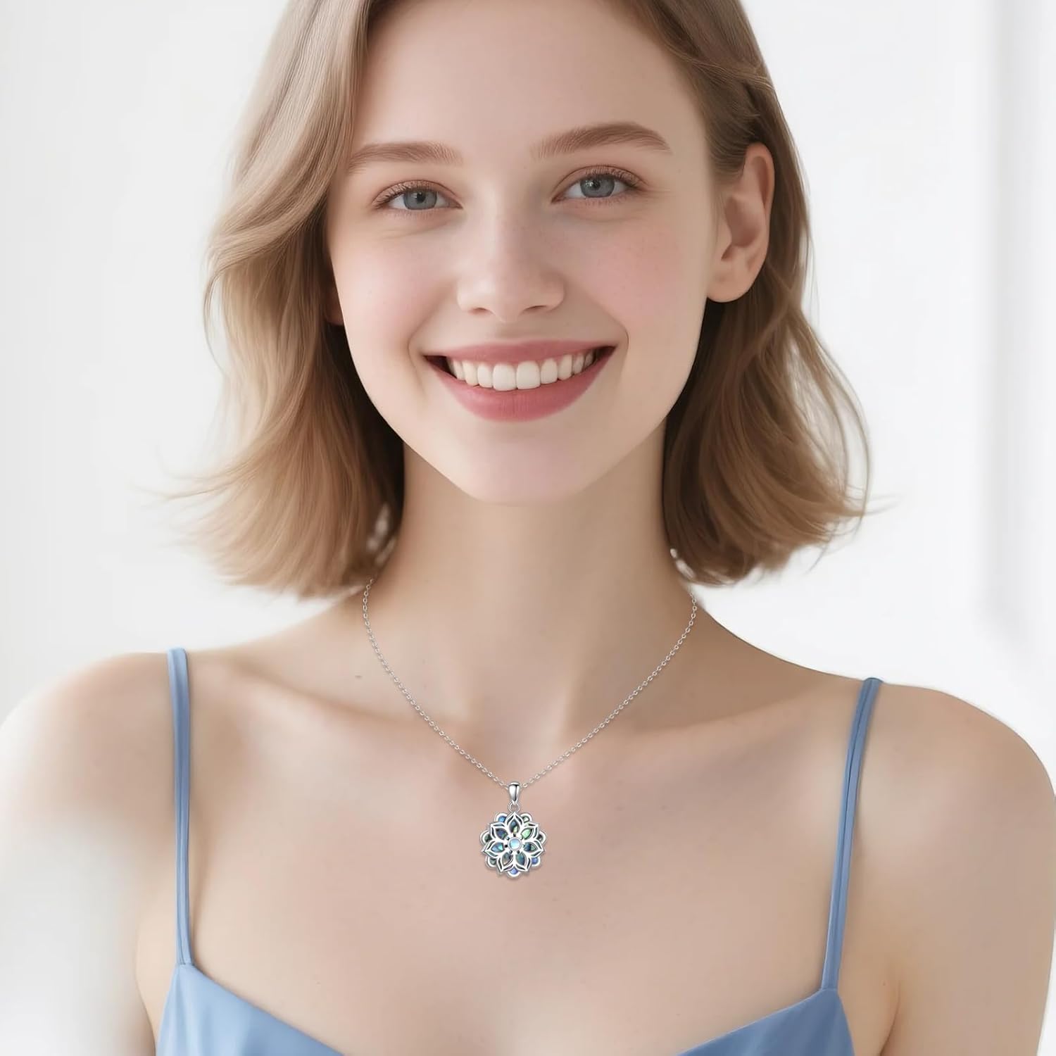 925 Sterling Silver Lotus Necklace for Women Lotus Flower with Moonstone and Abalone Shell Pendant Necklaces Christmas Birthday Jewelry Gifts, 18"+2" - Image 2