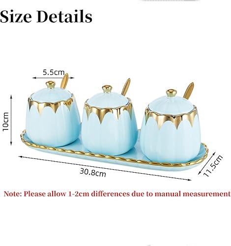 Miniatura 2 de Comeon Juego de 3 macetas de cerámica para condimentos con tapa y cuchara, modernos cuencos de porcelana para azúcar, tarros de especias para el