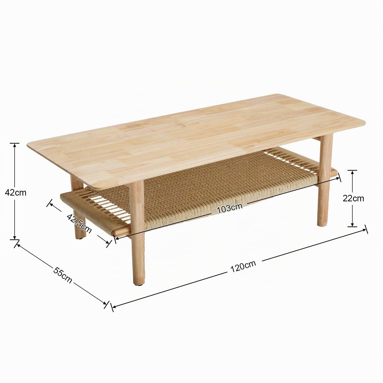 Ya-Home Tavolino da Salotto con Ripiano Intrecciato Tavolino da Caffè Moderno a Doppio Strato in Legno Tavolino Basso da Divano Soggiorno/Camera da Letto/Ufficio, Legno Naturale