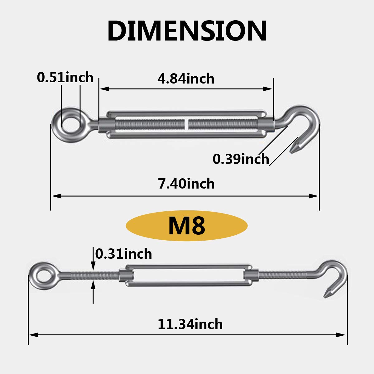 Kit de tensor de cuerda de alambre antioxidante de acero inoxidable 304 M5 M8 M10, gancho resistente para parasoles, cables, instalación de tienda de campaña, luces al aire libre
