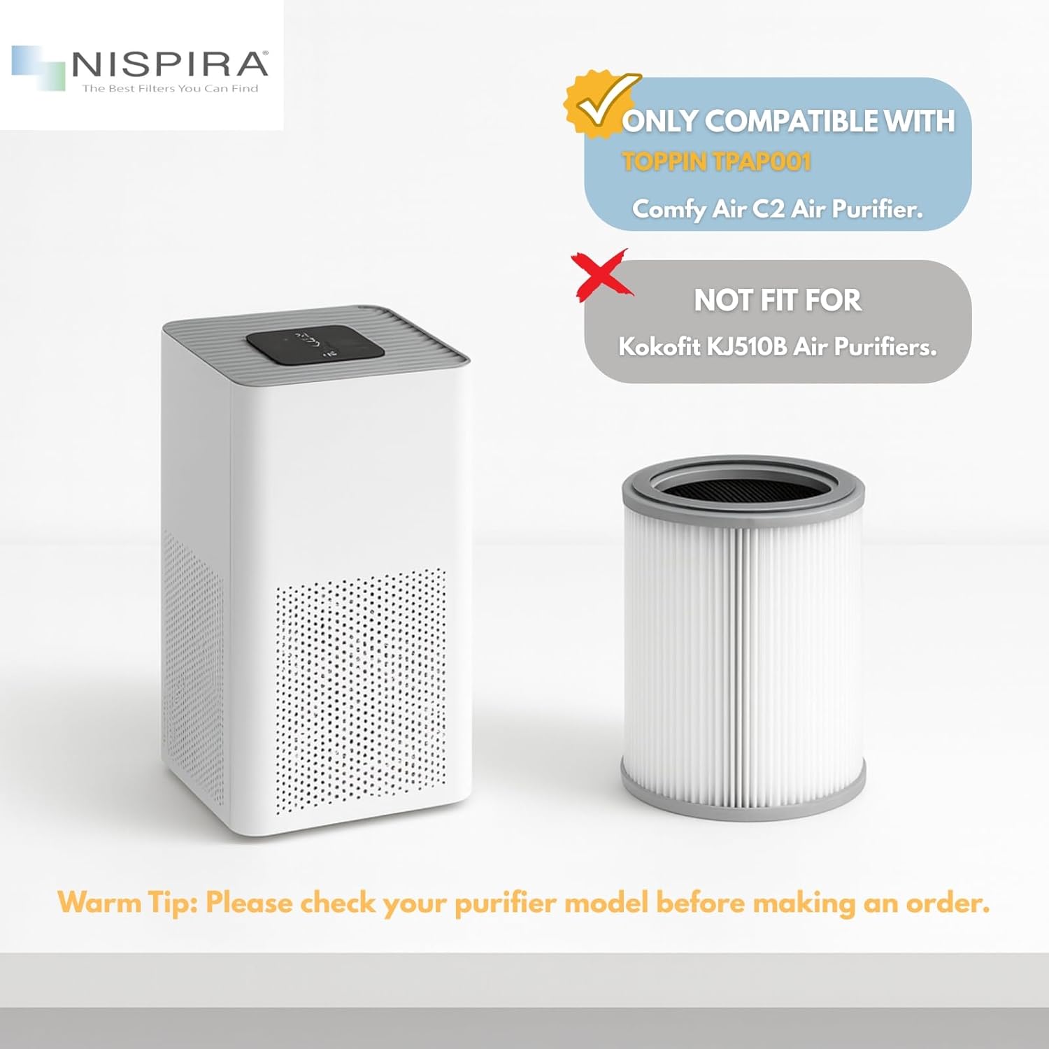 Nispira 3-in-1 True HEPA with Activated Charcoal Replacement Filters, Compatible with TOPPIN TPAP001 Air Purifier Comfy Air C2, 1-Pack - Image 3