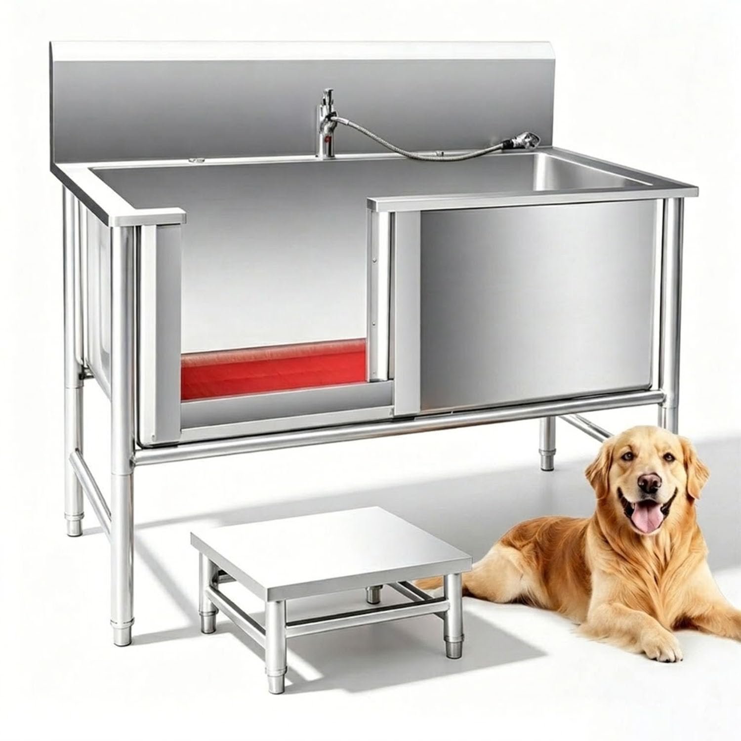Estación de baño para Perros Lavar Independientes desagüe Bañera de Acero Inoxidable para Mascota Bañera Peluquería Canina Fregaderos con Ducha Pet Bath Tub Dog Grooming，100 * 60 * 40 m