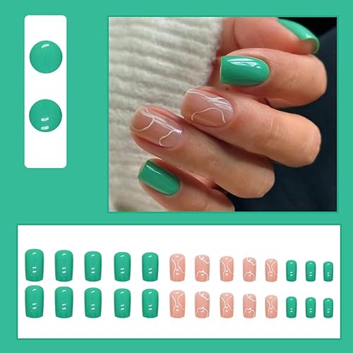 Miniatura 2 de 24 uñas cuadradas a presión, uñas postizas acrílicas cortas, uñas con pegamento verde con ondas blancas, diseños exquisitos, uñas postizas