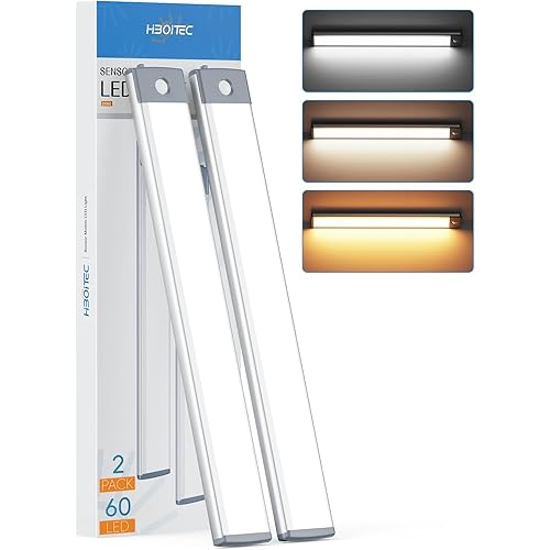 HIBOITEC 60 LED Under Cabinet Lighting 2 Packs, Stepless Dimming Motion Sensor Light Indoor, 3 Color Tempera Wireless Closet Lights, 2500mAh Rechargeable Battery Operated Light for Kitchen, Hallway