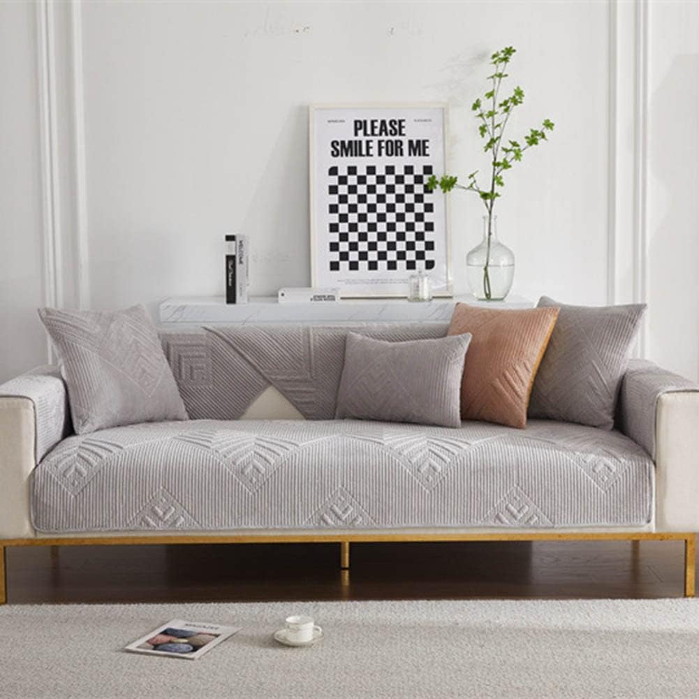 Velvet Plush Sofa Cover, Boho Striped Quilted Sectional Couch Cover Farmhouse Solid Color Sofa Slipcover Non Slip Furniture Protector for Kids Dogs Pets, 1 Piece (Grey,35"x94")