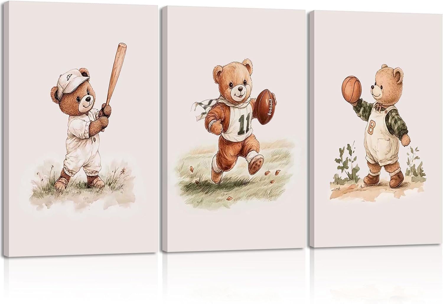 3Pcs Nursery Bear Canvas Wall Art Nursery Animal Poster Prints Teddy Bear Painting Boy Sports Picture Football Basketball Kids Room Artwork Wall Decor for Children Bedroom Playroom 16x24in Framed