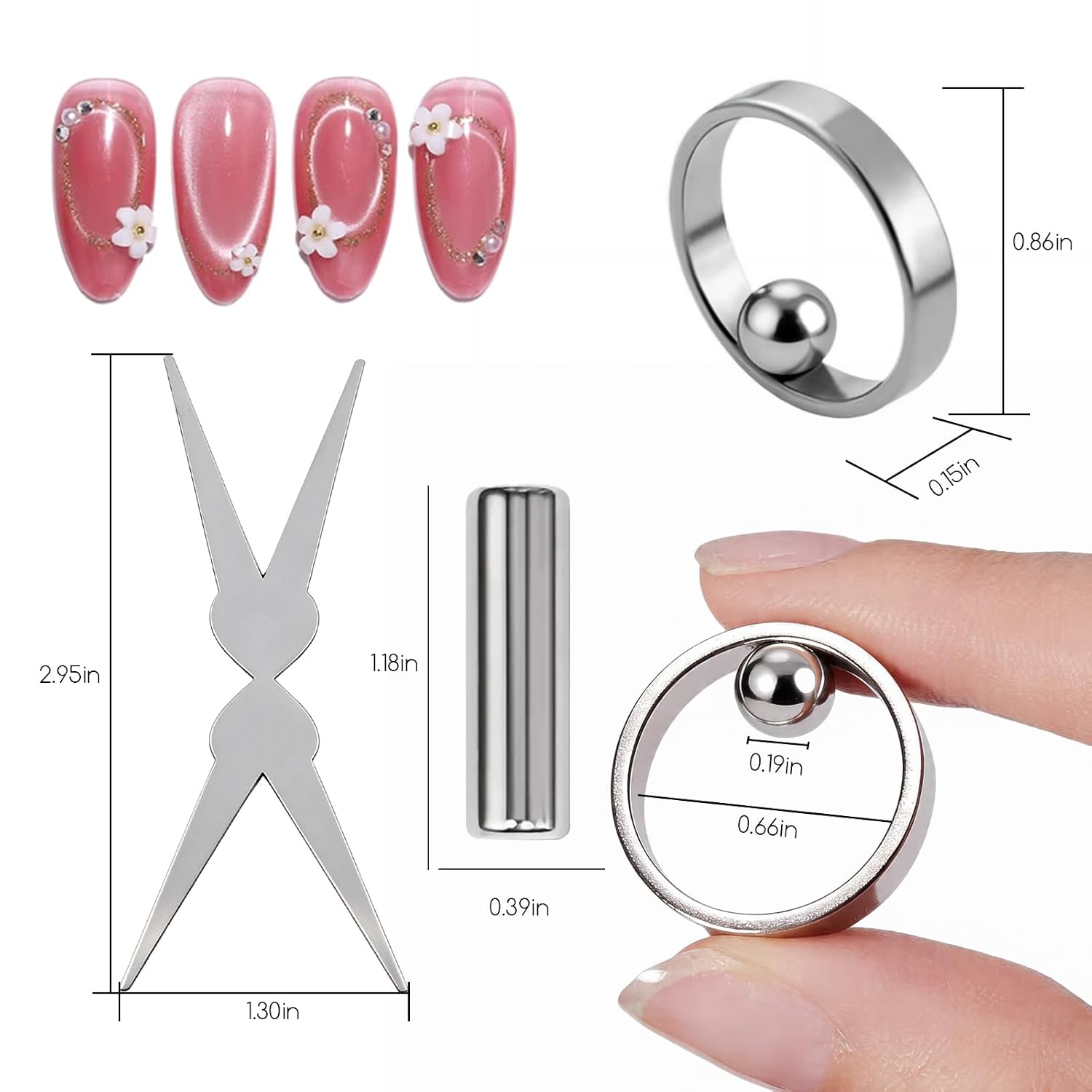 4pcs Cat Eye Magnet for Nails, Ring + Magnet Beads for Ring Hole Cat Eye Effect, Cylindrical Magnet + Scissor-Shaped Plates for French tip Cat-Eye Effect, Nail Magnet for Cat Eye Gel Polish image 2