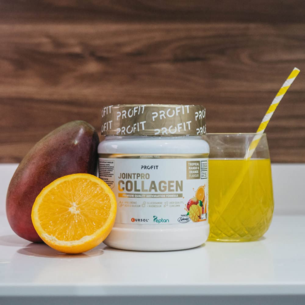 PROFIT - JointPRO Collagen - Combinado de colágeno PepTan con magnesio, zinc, condroitina, cúrcuma y CURSOL. Para mantener una correcta salud ósea - Sabor Mango Tropical Naranja - 350 gr = 35 serv.