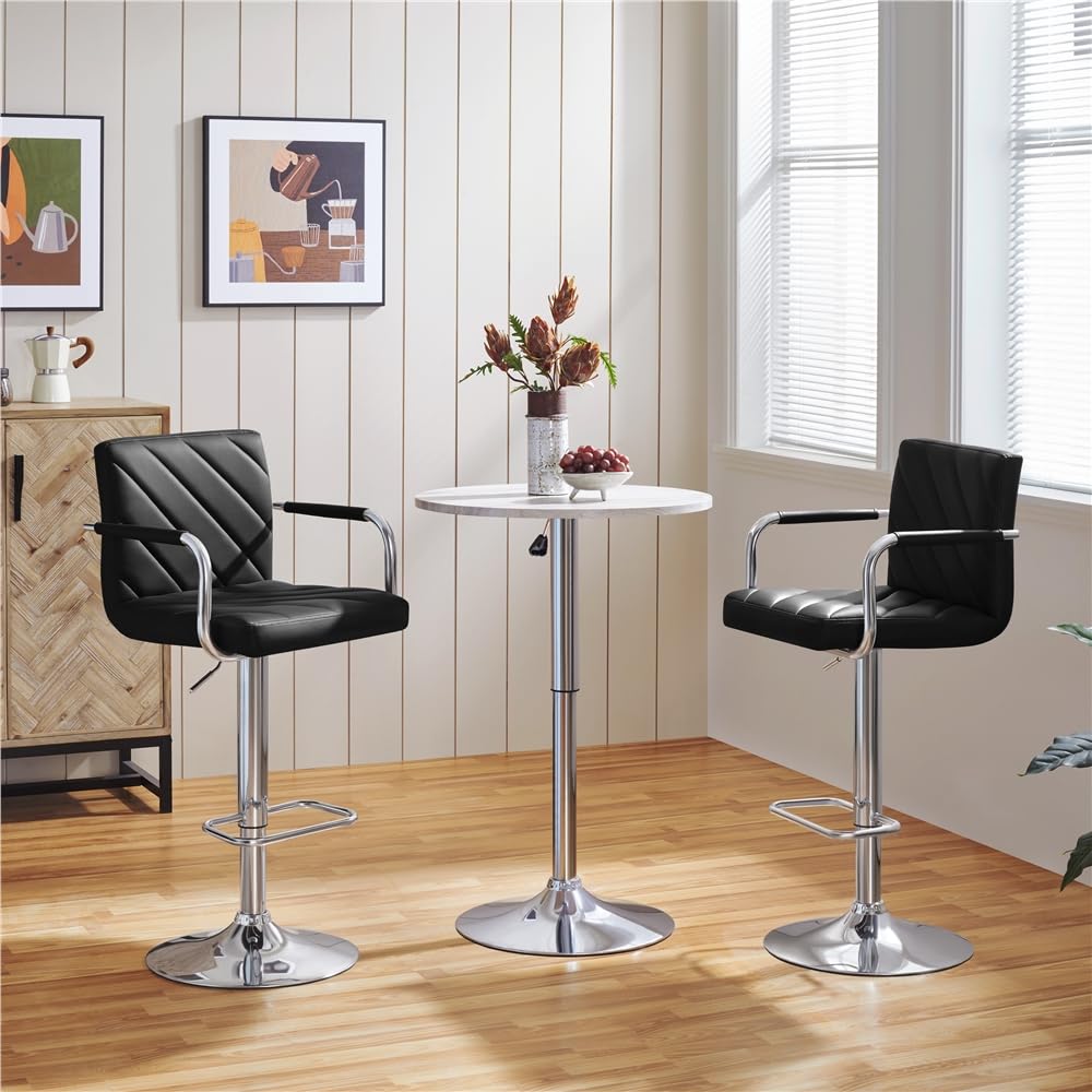 Yaheetech Lot de 2 Tabourets de Bar avec Accoudoirs Réglables en Hauteur Siège Rotatif sur 360°, Chaises de Bar en Similicuir et Pied en Métal, Tabouret Haut Moderne pour Bar Salle à Manger Noir