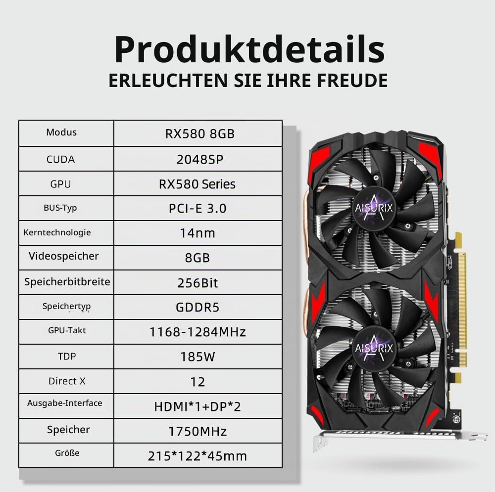 Kelinx AISURIX RX 580 Grafikkarte, 2048SP, Real 8GB, GDDR5, 256 Bit, PC-Gaming-Grafikkarte, 2XDP, HDMI, PCI Express 3.0 mit Freeze Fan Stop für Desktop-Computer, Gaming-GPU