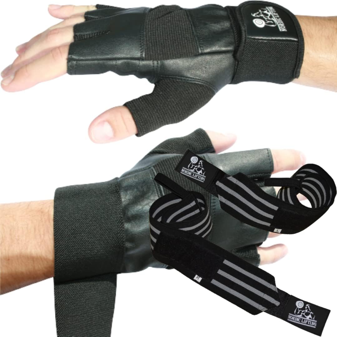 Nordic Lifting Gym Gloves Large - Black Bundle with Super Heavy Duty Wrist Wraps Multi Purpose