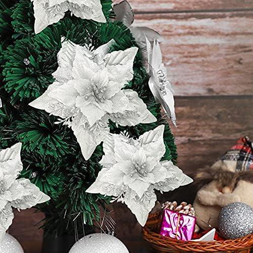10 Pcs Artificial Christmas Flowers Glitter Large Poinsettia Flowers (18 cm/7 inch) Christmas Tree Flower Decorations Xmas Tree Ornaments Wedding Decorations Flower (Silver)