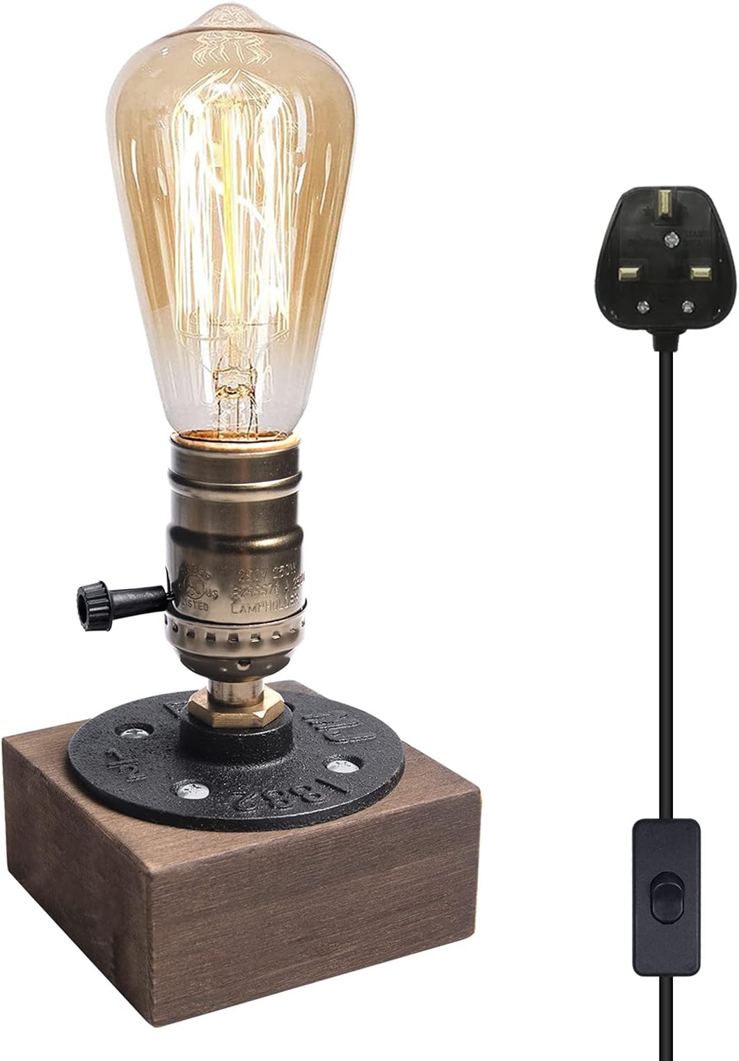 Luxvista E27 Vintage Wooden Table Lamp Base, Industrial Edison Desk Lamp Holder with UK Plug, Rustic Bedside Desk Lamps for Cafe Bar Bedroom Living Dining Room Decoration (Bulb Not Included)