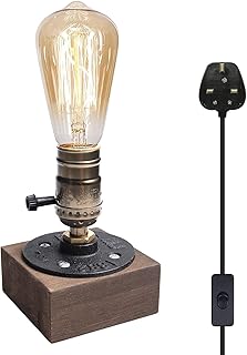 Luxvista E27 Vintage Wooden Table Lamp Base, Industrial Edison Desk Lamp Holder with UK Plug, Rustic Bedside Desk Lamps for Cafe Bar Bedroom Living Dining Room Decoration (Bulb Not Included)